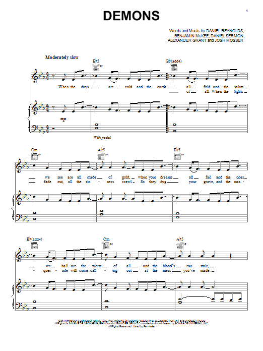 Imagine Dragons Demons sheet music notes and chords. Download Printable PDF.