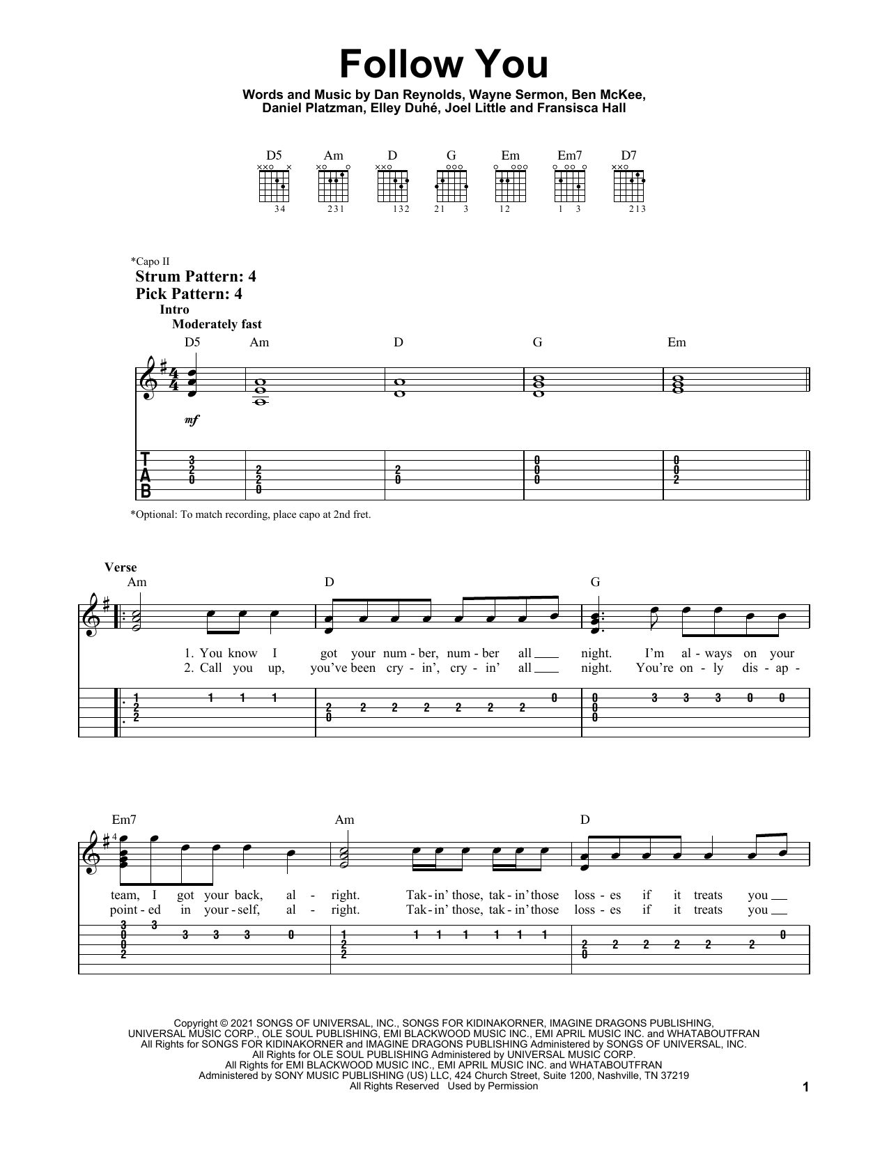 Imagine Dragons Follow You sheet music notes and chords. Download Printable PDF.