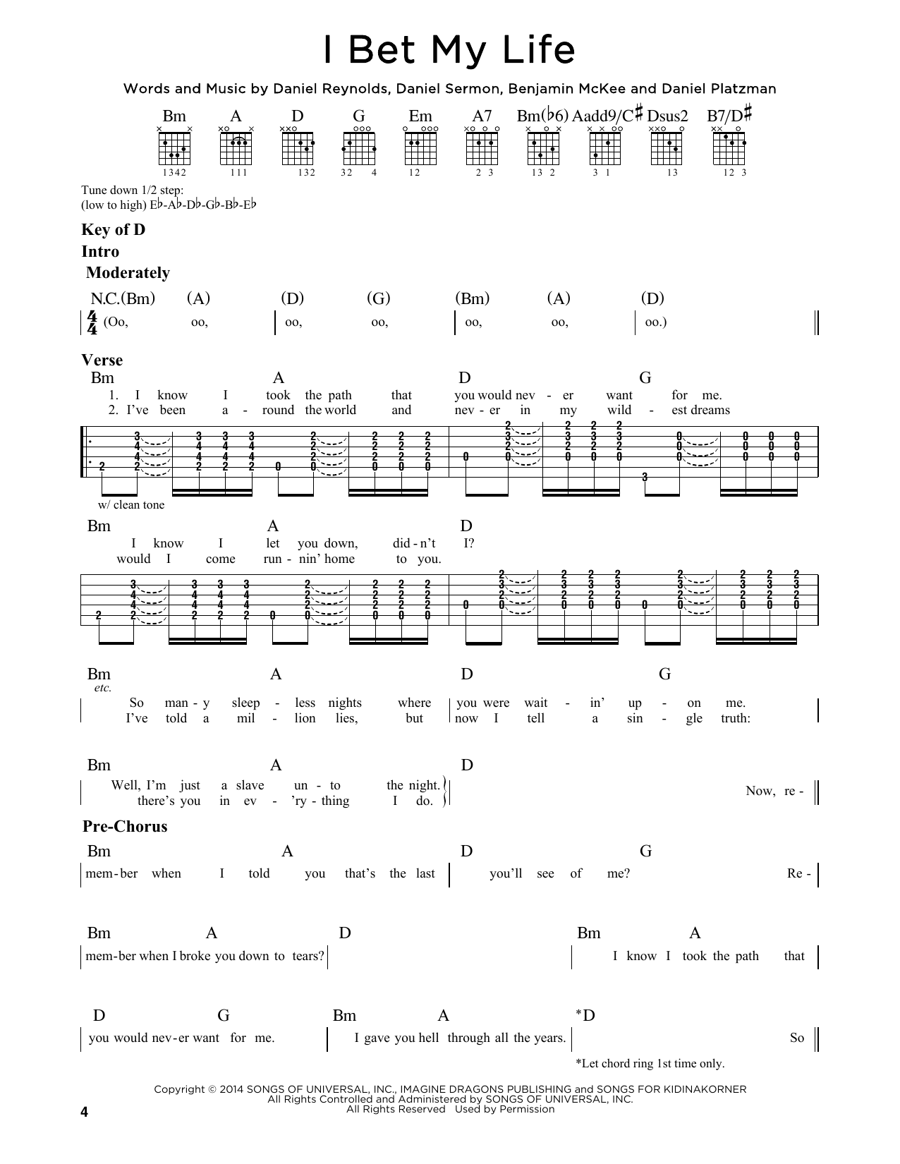 Imagine Dragons I Bet My Life sheet music notes and chords. Download Printable PDF.