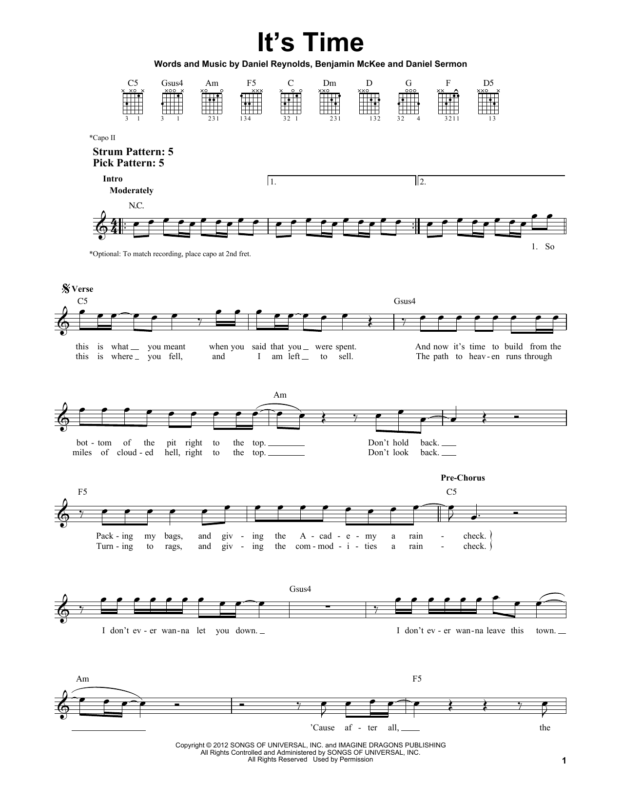 Imagine Dragons It's Time sheet music notes and chords. Download Printable PDF.