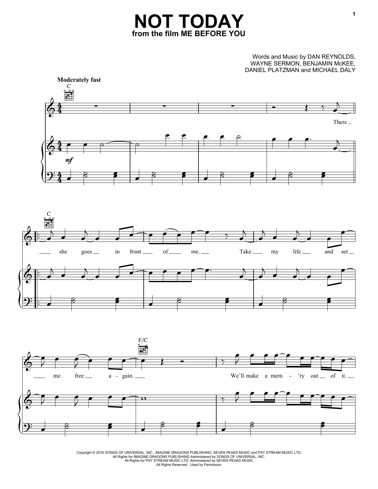 Imagine Dragons Not Today (from Me Before You) sheet music notes and chords. Download Printable PDF.