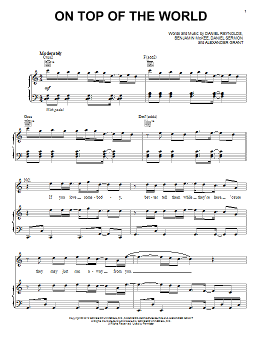 Imagine Dragons On Top Of The World sheet music notes and chords. Download Printable PDF.