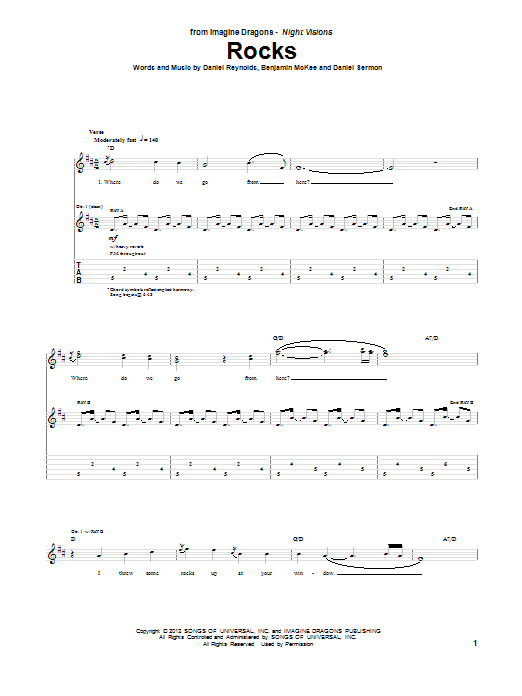Learn to play Imagine Dragons Rocks sheet music for Guitar Tab in minutes. Price: 7.8900$ Imagine Dragons Rocks sheet music notes and chords arranged for Guitar Tab