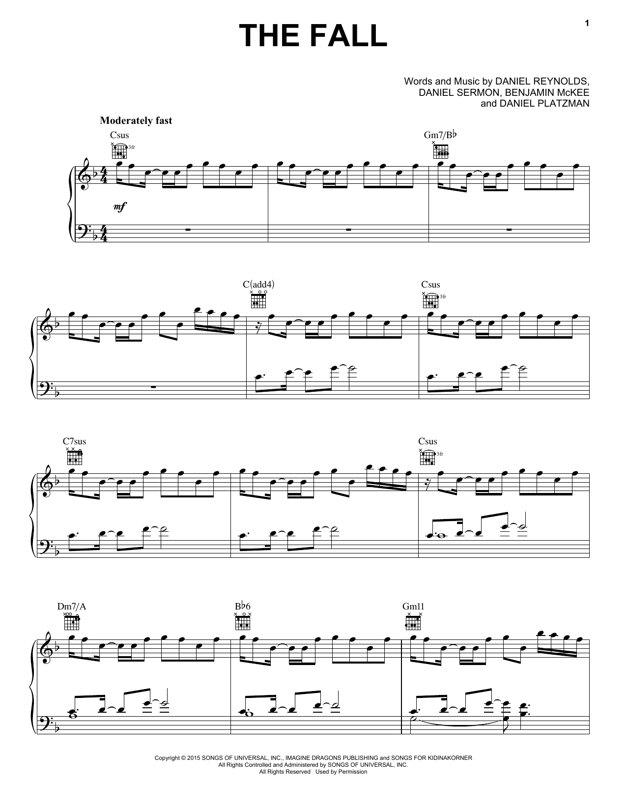 Learn to play Imagine Dragons The Fall sheet music for Piano, Vocal & Guitar Chords (Right-Hand Melody) in minutes. Price: 7.8900$ Imagine Dragons The Fall sheet music notes and chords arranged for Piano, Vocal & Guitar Chords (Right-Hand Melody)