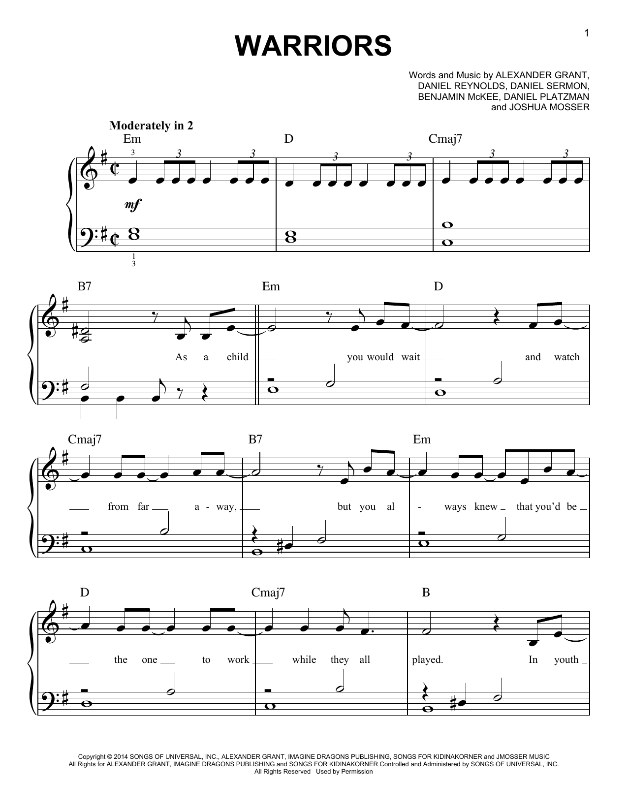 Imagine Dragons Warriors sheet music notes and chords. Download Printable PDF.