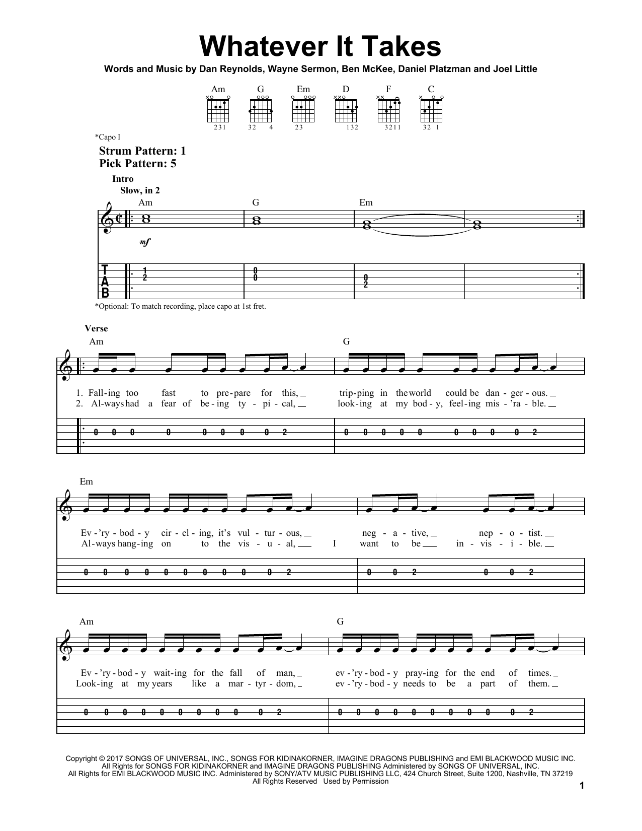 Imagine Dragons Whatever It Takes sheet music notes and chords arranged for Tenor Sax Solo