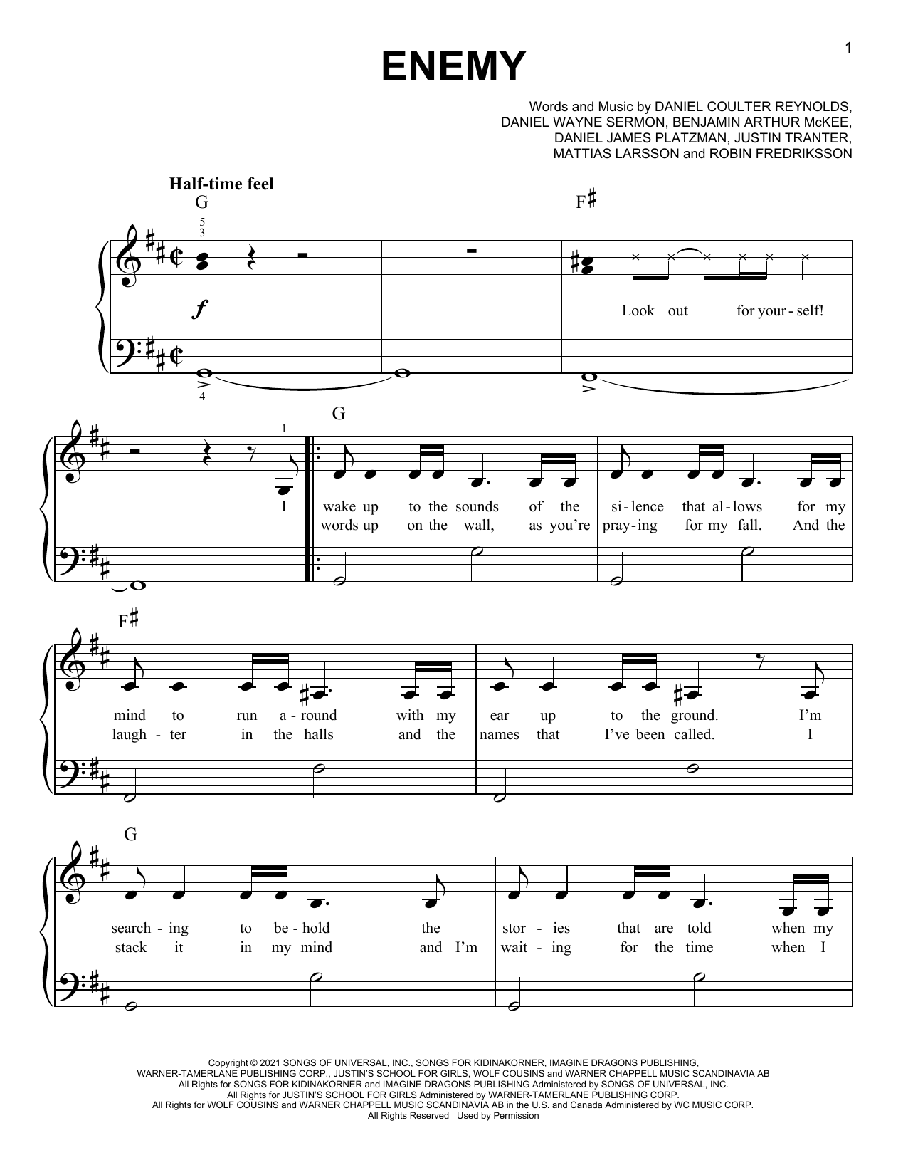 Imagine Dragons X JID Enemy (from the series Arcane League of Legends) sheet music notes and chords. Download Printable PDF.