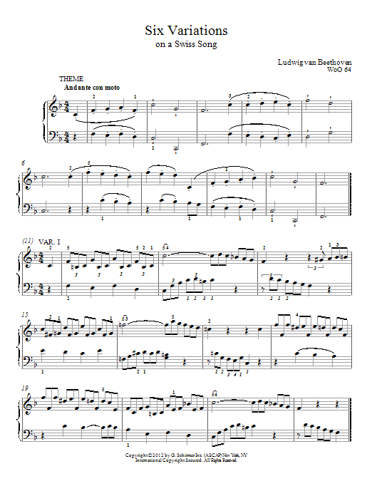 Ludwig van Beethoven Six Variations On A Swiss Song In F Major, WoO 64 sheet music notes and chords arranged for Piano Solo