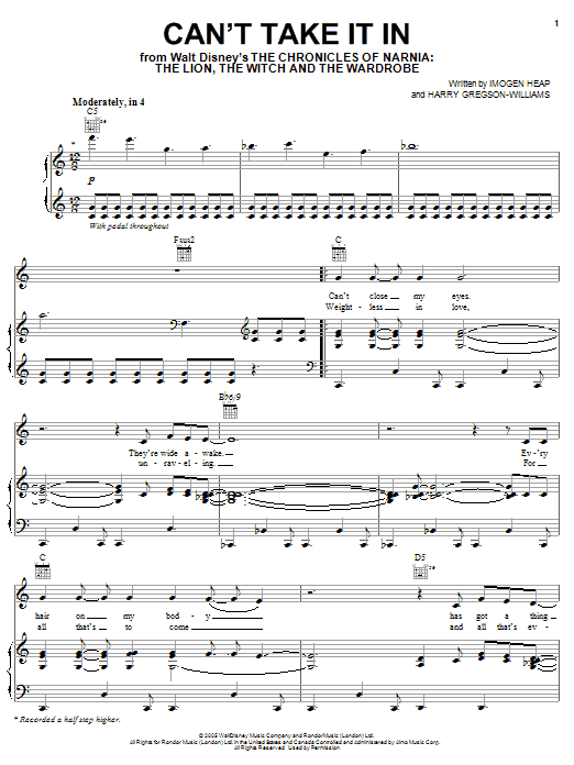 Learn to play Imogen Heap Can't Take It In sheet music for Piano, Vocal & Guitar Chords (Right-Hand Melody) in minutes. Price: 7.8900$ Imogen Heap Can't Take It In sheet music notes and chords arranged for Piano, Vocal & Guitar Chords (Right-Hand Melody)