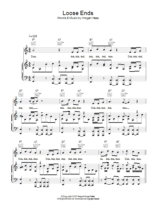 Learn to play Imogen Heap Loose Ends sheet music for Piano, Vocal & Guitar Chords in minutes. Price: 7.8900$ Imogen Heap Loose Ends sheet music notes and chords arranged for Piano, Vocal & Guitar Chords