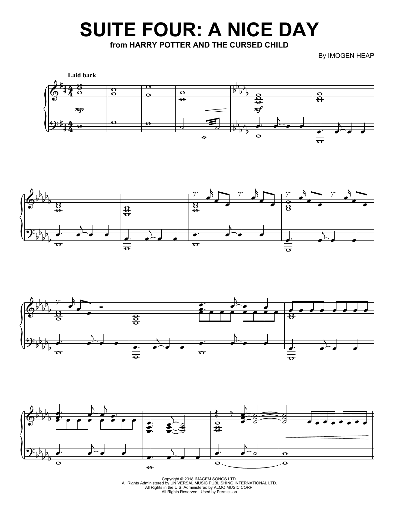 Learn to play Imogen Heap Suite Four: A Nice Day (from Harry Potter And The Cursed Child) sheet music for Piano Solo in minutes. Price: 7.8900$ Imogen Heap Suite Four: A Nice Day (from Harry Potter And The Cursed Child) sheet music notes and chords arranged for Piano Solo