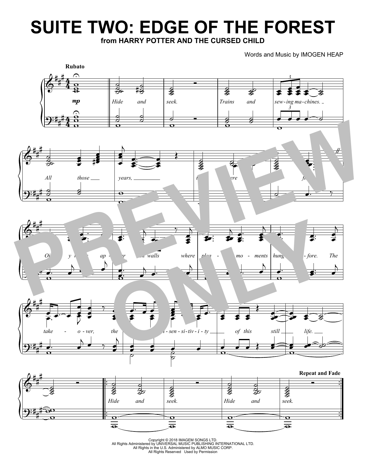 Learn to play Imogen Heap Suite Two: Edge of the Forest (from Harry Potter And The Cursed Child) sheet music for Piano Solo in minutes. Price: 7.8900$ Imogen Heap Suite Two: Edge of the Forest (from Harry Potter And The Cursed Child) sheet music notes and chords arranged for Piano Solo