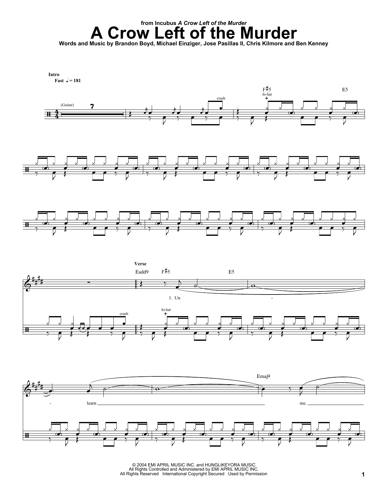 Incubus A Crow Left Of The Murder sheet music notes and chords. Download Printable PDF.