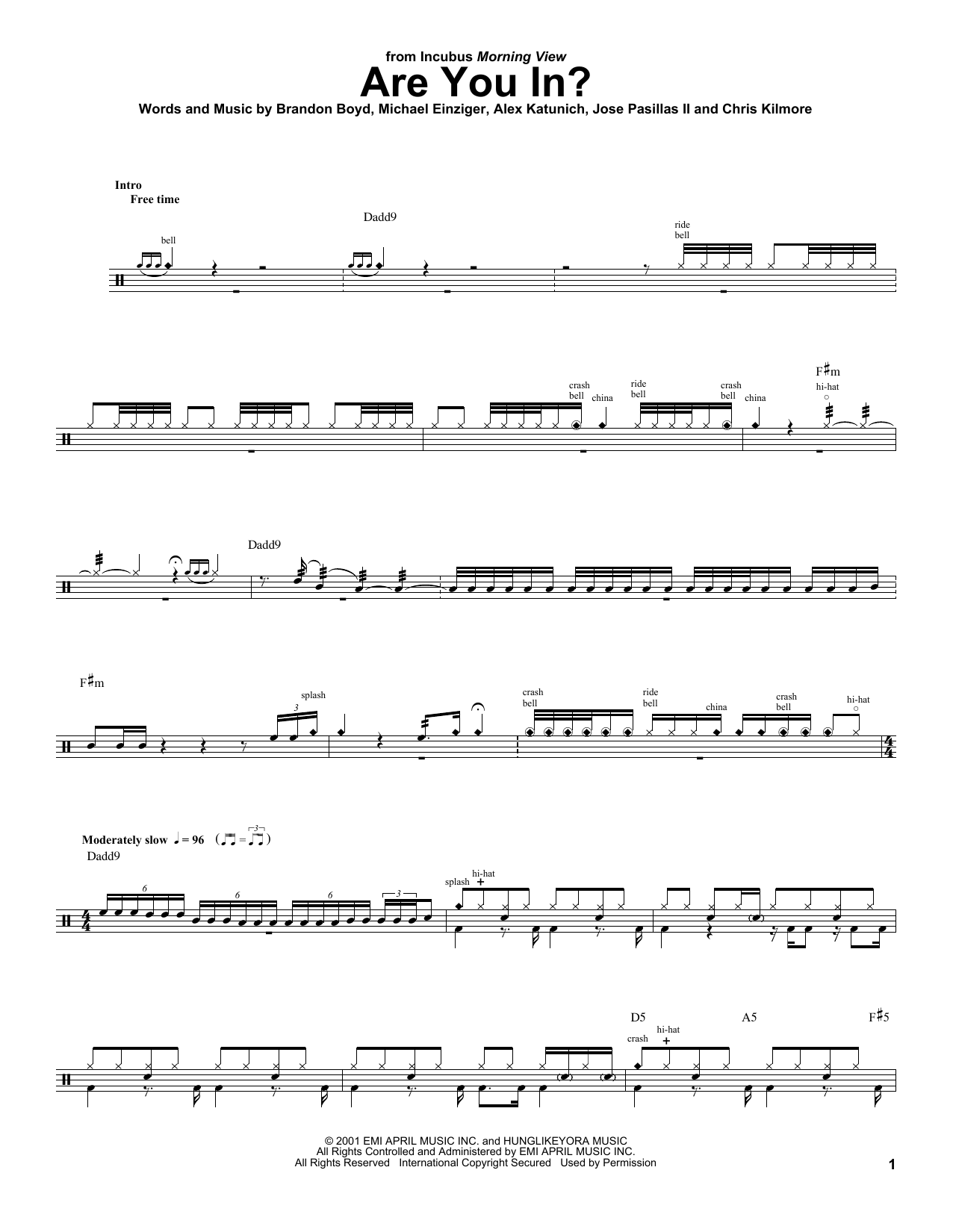 Incubus Are You In? sheet music notes and chords. Download Printable PDF.