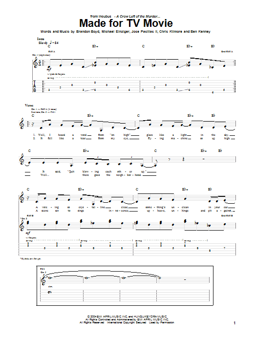 Learn to play Incubus Made For TV Movie sheet music for Guitar Tab in minutes. Price: 7.8900$ Incubus Made For TV Movie sheet music notes and chords arranged for Guitar Tab