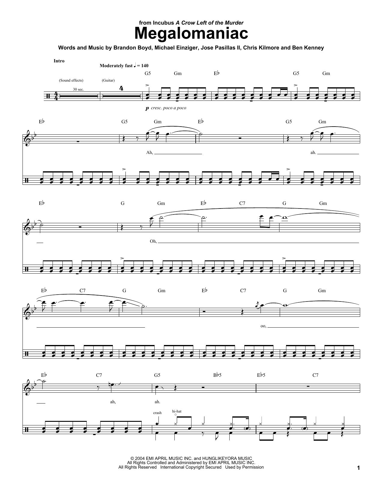 Incubus Megalomaniac sheet music notes and chords. Download Printable PDF.