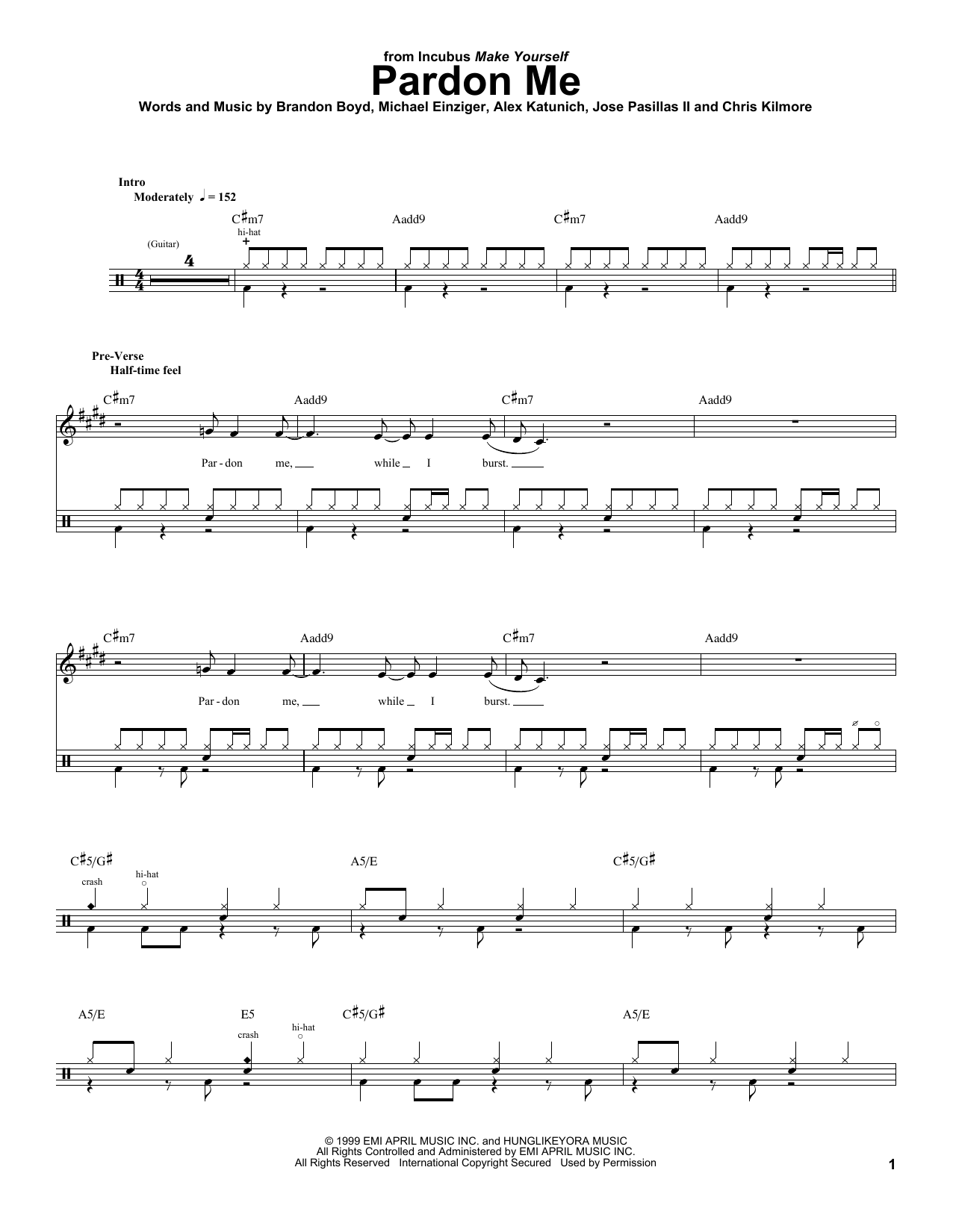 Incubus Pardon Me sheet music notes and chords. Download Printable PDF.