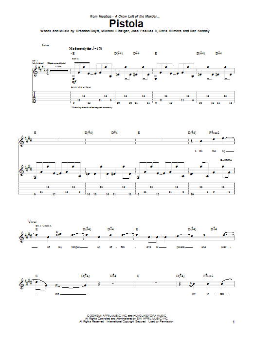 Learn to play Incubus Pistola sheet music for Guitar Tab in minutes. Price: 7.8900$ Incubus Pistola sheet music notes and chords arranged for Guitar Tab