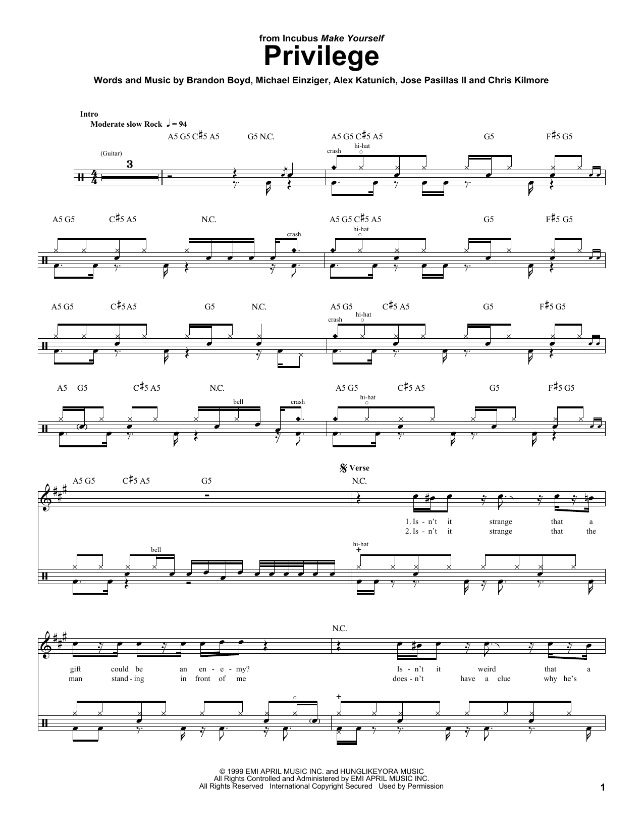 Incubus Privilege sheet music notes and chords. Download Printable PDF.