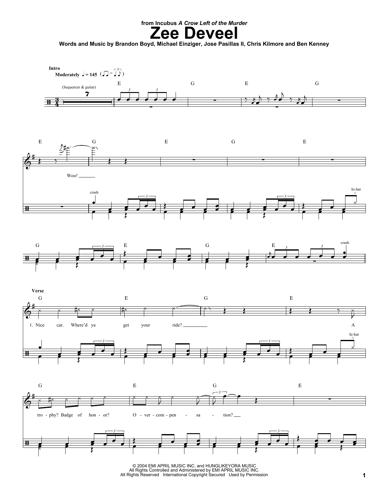 Incubus Zee Deveel sheet music notes and chords. Download Printable PDF.