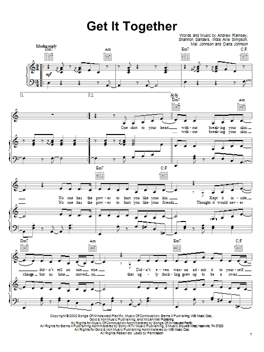 Learn to play India.Arie Get It Together sheet music for Piano, Vocal & Guitar Chords (Right-Hand Melody) in minutes. Price: 7.8900$ India.Arie Get It Together sheet music notes and chords arranged for Piano, Vocal & Guitar Chords (Right-Hand Melody)