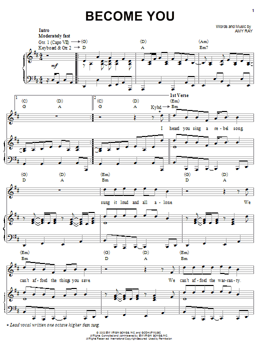 Learn to play Indigo Girls Become You sheet music for Piano, Vocal & Guitar Chords (Right-Hand Melody) in minutes. Price: 7.8900$ Indigo Girls Become You sheet music notes and chords arranged for Piano, Vocal & Guitar Chords (Right-Hand Melody)