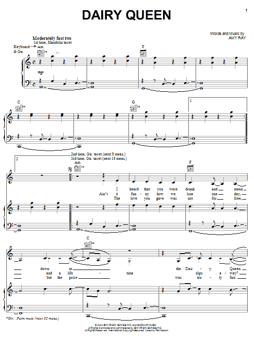 Indigo Girls Dairy Queen sheet music notes and chords arranged for Piano, Vocal & Guitar Chords (Right-Hand Melody)