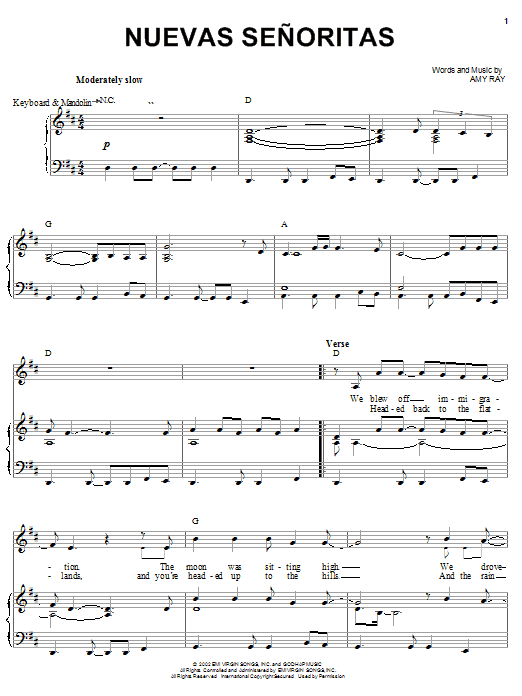 Learn to play Indigo Girls Nuevas Senoritas sheet music for Piano, Vocal & Guitar Chords (Right-Hand Melody) in minutes. Price: 7.8900$ Indigo Girls Nuevas Senoritas sheet music notes and chords arranged for Piano, Vocal & Guitar Chords (Right-Hand Melody)