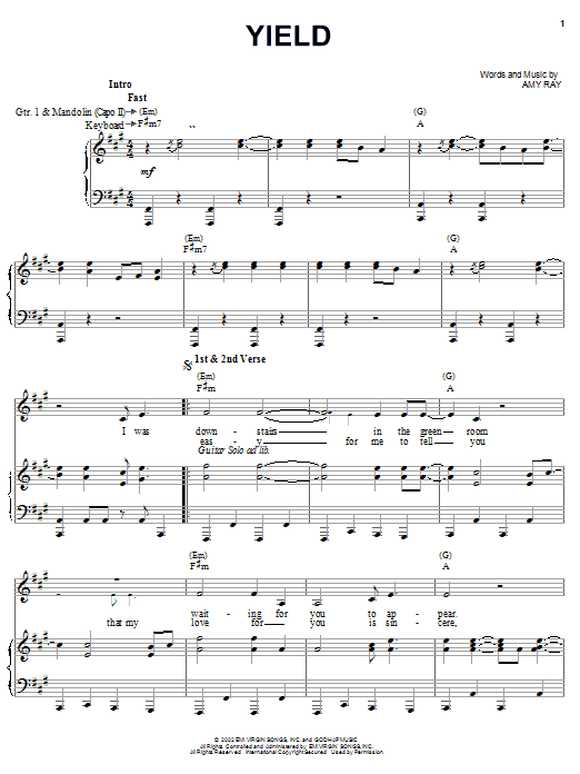 Learn to play Indigo Girls Yield sheet music for Piano, Vocal & Guitar Chords (Right-Hand Melody) in minutes. Price: 7.8900$ Indigo Girls Yield sheet music notes and chords arranged for Piano, Vocal & Guitar Chords (Right-Hand Melody)