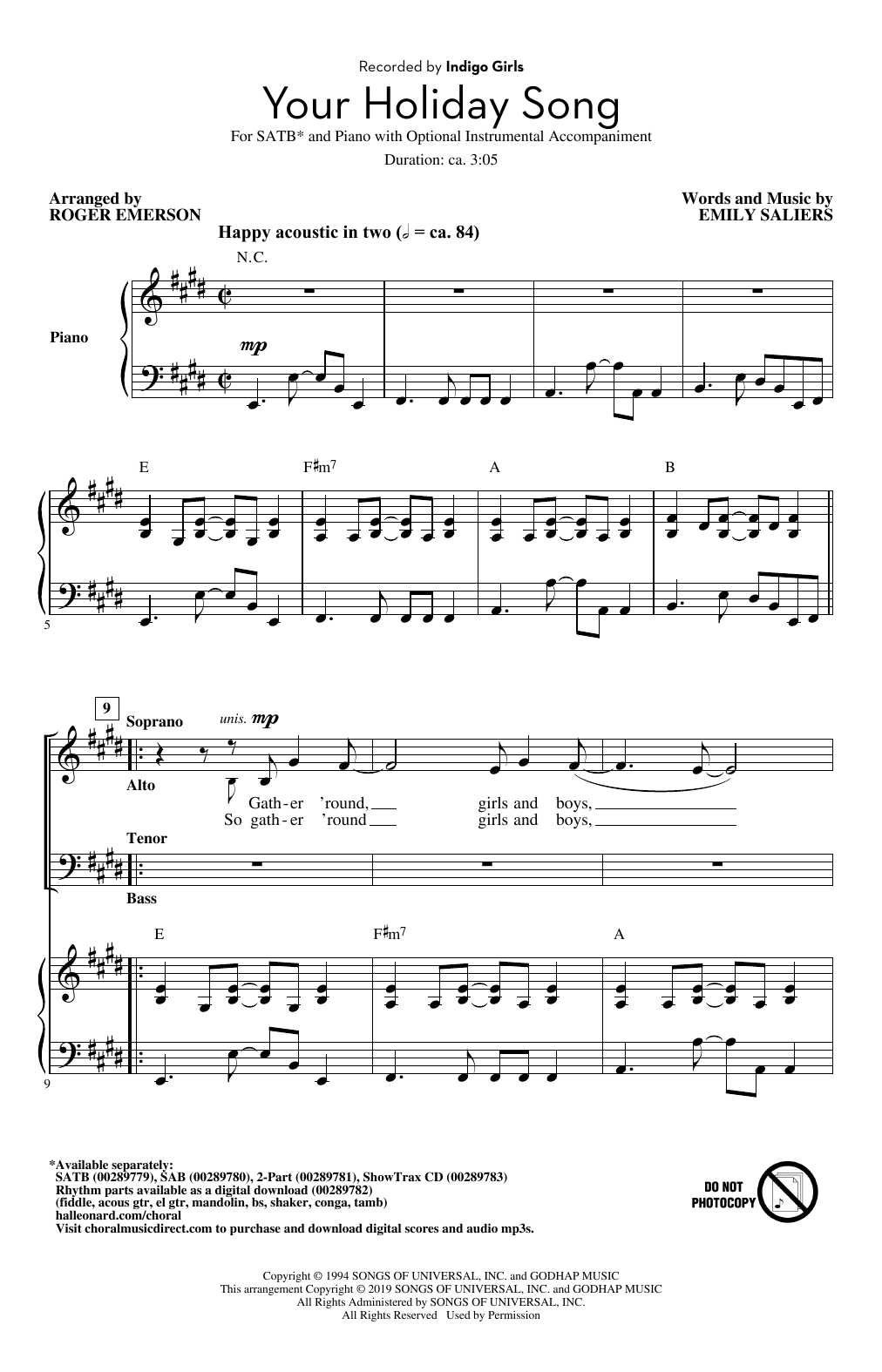 Indigo Girls Your Holiday Song (arr. Roger Emerson) sheet music notes and chords. Download Printable PDF.