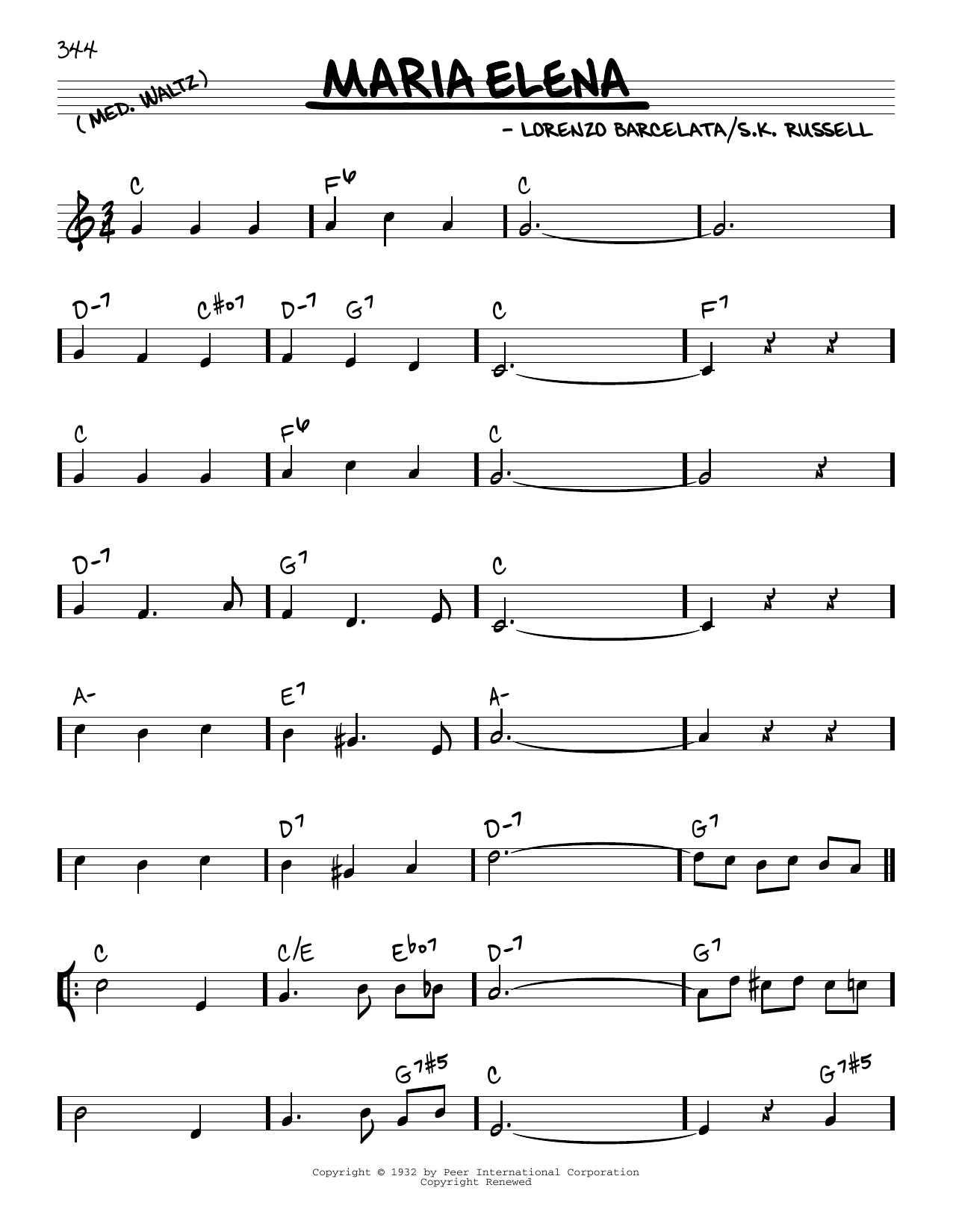 Indios Trabajaras Maria Elena sheet music notes and chords arranged for Real Book – Melody & Chords