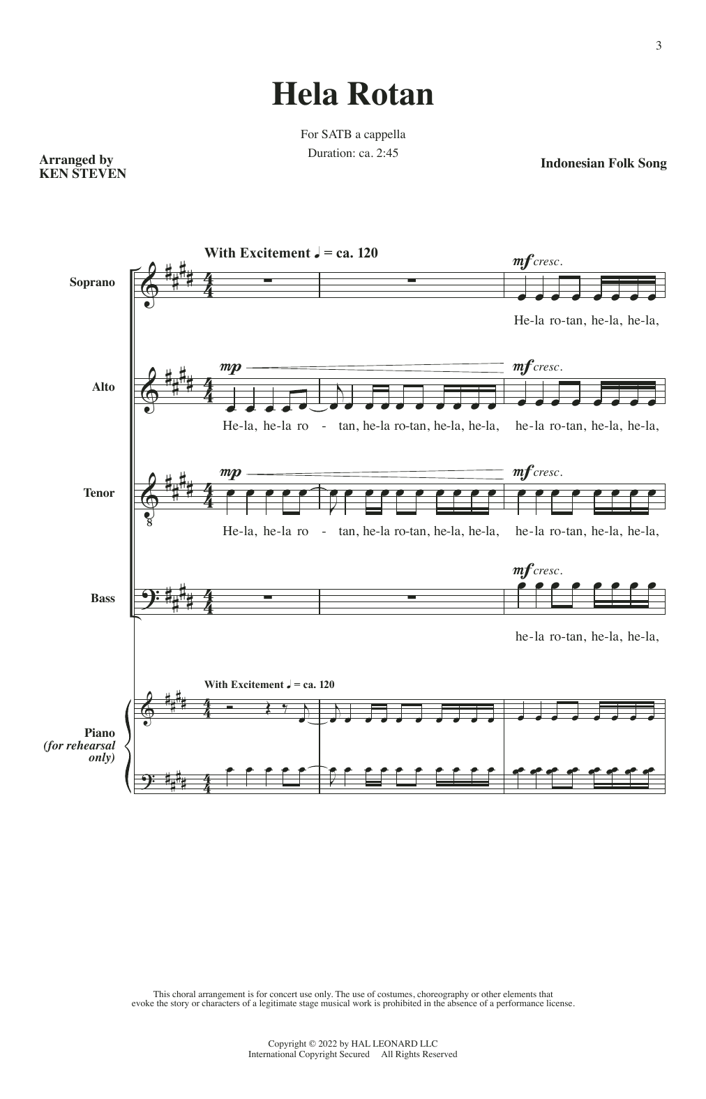 Indonesian Folk Song Hela Rotan (arr. Ken Steven) sheet music notes and chords arranged for SATB Choir