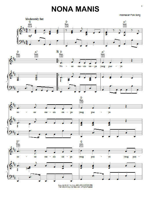 Learn to play Indonesian Folk Song Nona Manis sheet music for Piano, Vocal & Guitar Chords (Right-Hand Melody) in minutes. Price: 7.8900$ Indonesian Folk Song Nona Manis sheet music notes and chords arranged for Piano, Vocal & Guitar Chords (Right-Hand Melody)