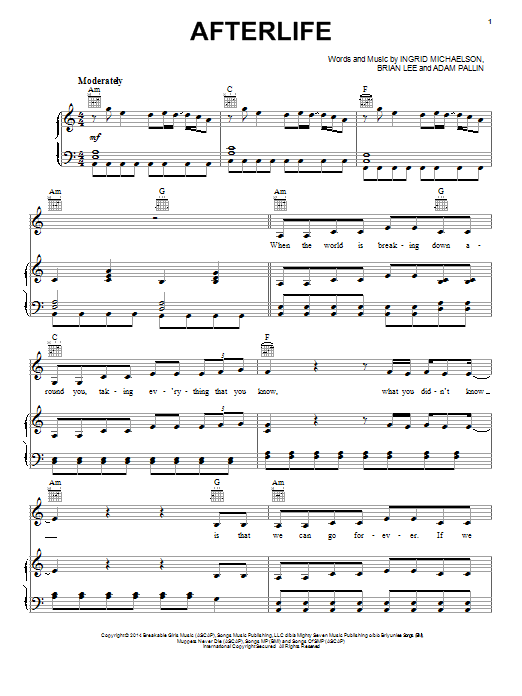 Learn to play Ingrid Michaelson Afterlife sheet music for Piano, Vocal & Guitar Chords (Right-Hand Melody) in minutes. Price: 7.8900$ Ingrid Michaelson Afterlife sheet music notes and chords arranged for Piano, Vocal & Guitar Chords (Right-Hand Melody)