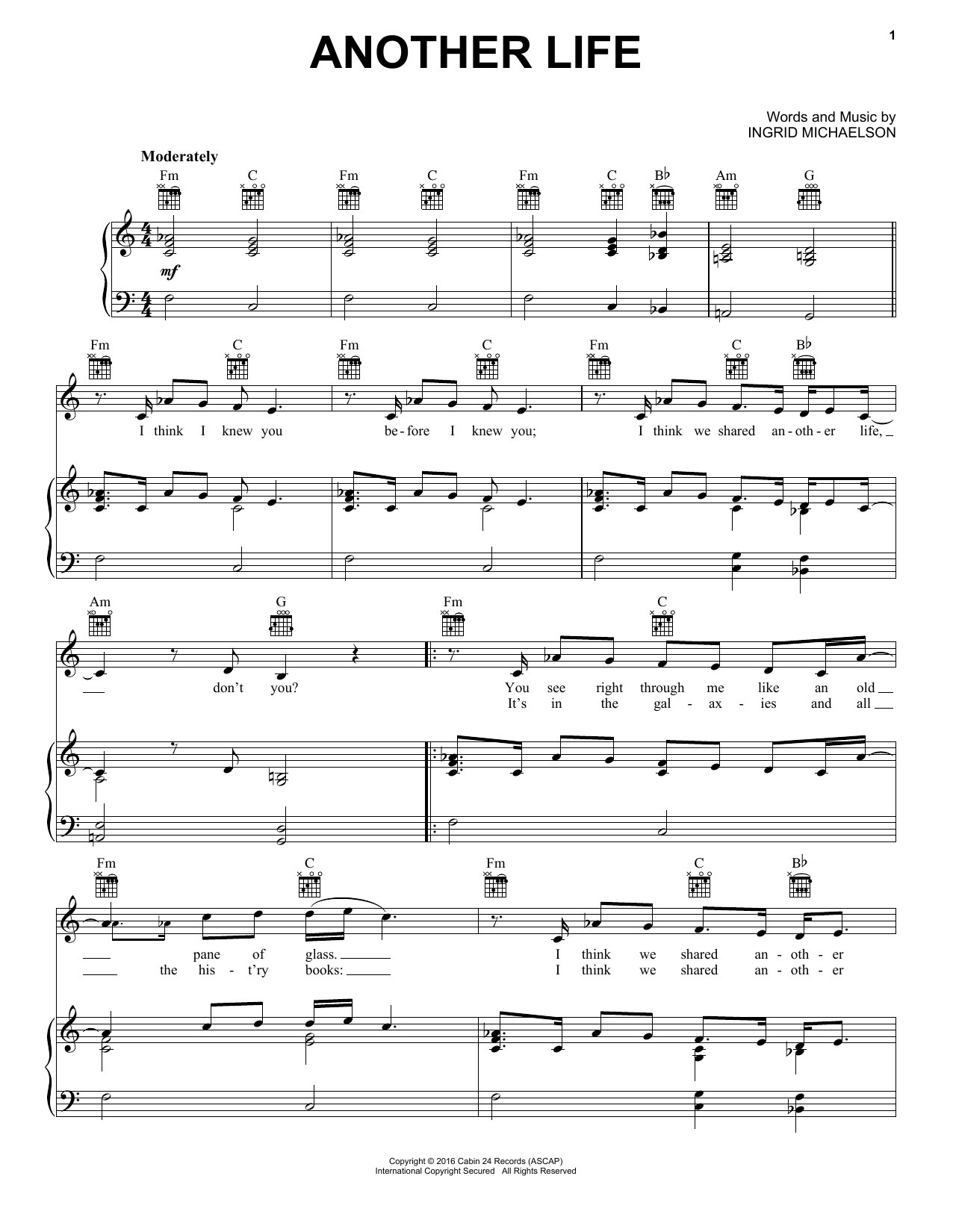Learn to play Ingrid Michaelson Another Life sheet music for Piano, Vocal & Guitar Chords (Right-Hand Melody) in minutes. Price: 7.8900$ Ingrid Michaelson Another Life sheet music notes and chords arranged for Piano, Vocal & Guitar Chords (Right-Hand Melody)