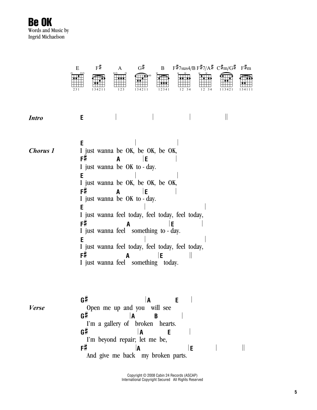 Ingrid Michaelson Be OK sheet music notes and chords. Download Printable PDF.