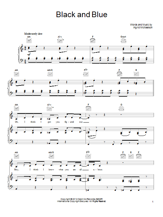 Learn to play Ingrid Michaelson Black And Blue sheet music for Piano, Vocal & Guitar Chords (Right-Hand Melody) in minutes. Price: 7.8900$ Ingrid Michaelson Black And Blue sheet music notes and chords arranged for Piano, Vocal & Guitar Chords (Right-Hand Melody)