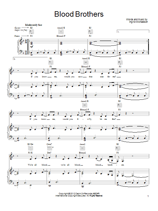 Learn to play Ingrid Michaelson Blood Brothers sheet music for Piano, Vocal & Guitar Chords (Right-Hand Melody) in minutes. Price: 7.8900$ Ingrid Michaelson Blood Brothers sheet music notes and chords arranged for Piano, Vocal & Guitar Chords (Right-Hand Melody)