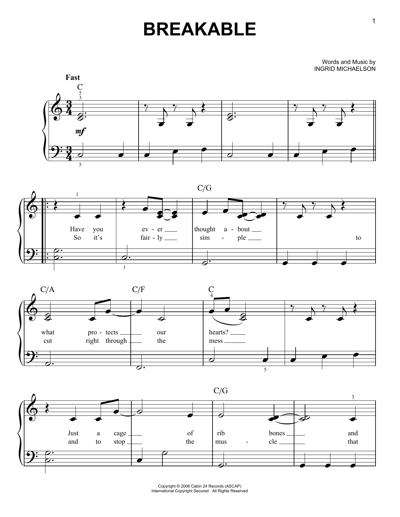 Ingrid Michaelson Breakable sheet music notes and chords. Download Printable PDF.