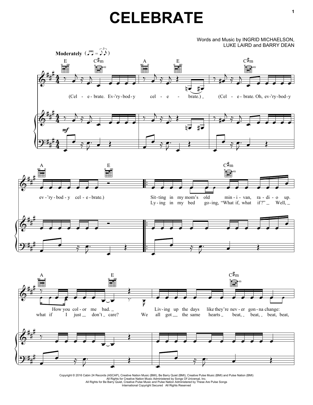 Learn to play Ingrid Michaelson Celebrate sheet music for Piano, Vocal & Guitar Chords (Right-Hand Melody) in minutes. Price: 7.8900$ Ingrid Michaelson Celebrate sheet music notes and chords arranged for Piano, Vocal & Guitar Chords (Right-Hand Melody)