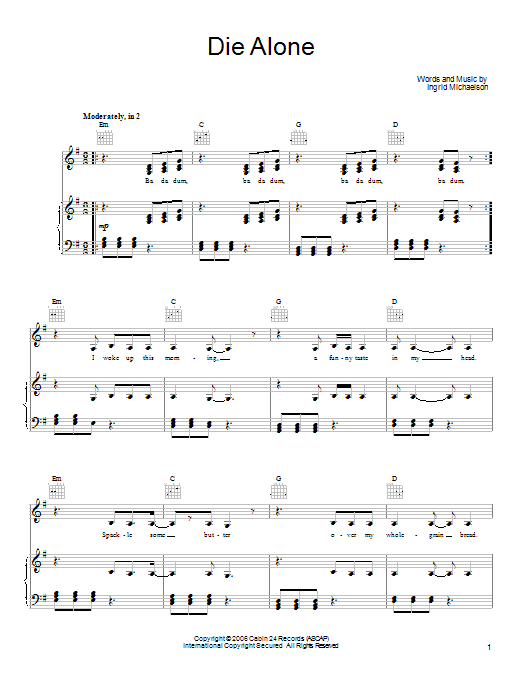 Ingrid Michaelson Die Alone sheet music notes and chords arranged for Ukulele Chords/Lyrics