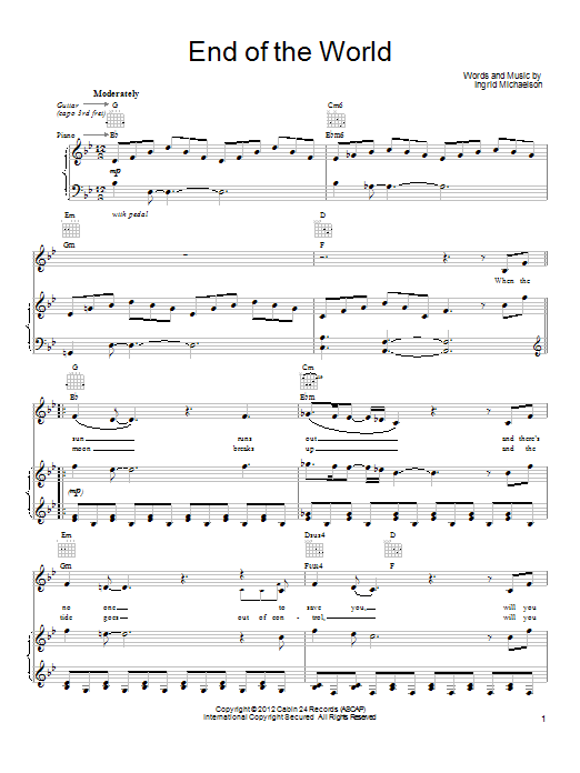 Learn to play Ingrid Michaelson End Of The World sheet music for Piano, Vocal & Guitar Chords (Right-Hand Melody) in minutes. Price: 7.8900$ Ingrid Michaelson End Of The World sheet music notes and chords arranged for Piano, Vocal & Guitar Chords (Right-Hand Melody)