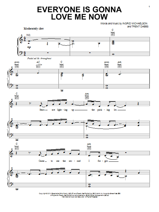Learn to play Ingrid Michaelson Everyone Is Gonna Love Me Now sheet music for Piano, Vocal & Guitar Chords (Right-Hand Melody) in minutes. Price: 7.8900$ Ingrid Michaelson Everyone Is Gonna Love Me Now sheet music notes and chords arranged for Piano, Vocal & Guitar Chords (Right-Hand Melody)