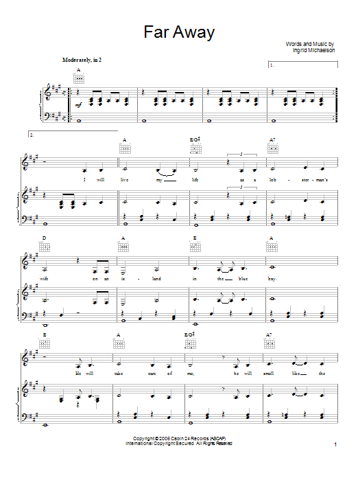 Learn to play Ingrid Michaelson Far Away sheet music for Ukulele Chords/Lyrics in minutes. Price: 4.4900$ Ingrid Michaelson Far Away sheet music notes and chords arranged for Ukulele Chords/Lyrics