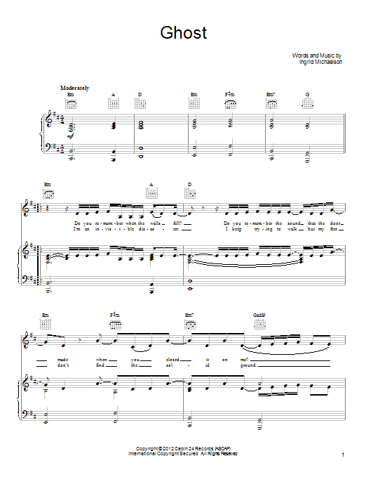 Learn to play Ingrid Michaelson Ghost sheet music for Piano, Vocal & Guitar Chords (Right-Hand Melody) in minutes. Price: 7.8900$ Ingrid Michaelson Ghost sheet music notes and chords arranged for Piano, Vocal & Guitar Chords (Right-Hand Melody)