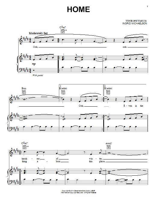 Learn to play Ingrid Michaelson Home sheet music for Piano, Vocal & Guitar Chords (Right-Hand Melody) in minutes. Price: 7.8900$ Ingrid Michaelson Home sheet music notes and chords arranged for Piano, Vocal & Guitar Chords (Right-Hand Melody)