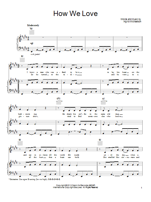 Learn to play Ingrid Michaelson How We Love sheet music for Piano, Vocal & Guitar Chords (Right-Hand Melody) in minutes. Price: 7.8900$ Ingrid Michaelson How We Love sheet music notes and chords arranged for Piano, Vocal & Guitar Chords (Right-Hand Melody)