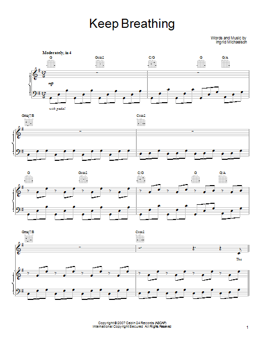 Learn to play Ingrid Michaelson Keep Breathing sheet music for Piano, Vocal & Guitar Chords (Right-Hand Melody) in minutes. Price: 7.8900$ Ingrid Michaelson Keep Breathing sheet music notes and chords arranged for Piano, Vocal & Guitar Chords (Right-Hand Melody)
