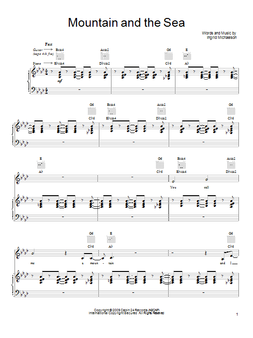 Learn to play Ingrid Michaelson Mountain And The Sea sheet music for Piano, Vocal & Guitar Chords (Right-Hand Melody) in minutes. Price: 7.8900$ Ingrid Michaelson Mountain And The Sea sheet music notes and chords arranged for Piano, Vocal & Guitar Chords (Right-Hand Melody)