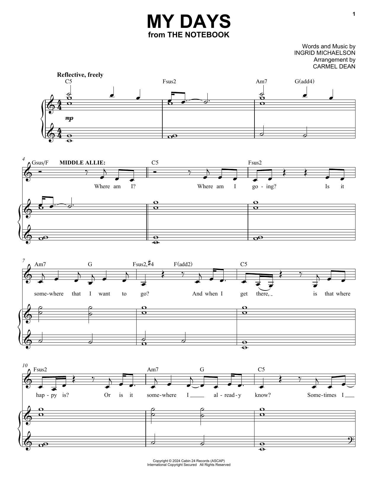 Ingrid Michaelson My Days (from The Notebook) sheet music notes and chords. Download Printable PDF.